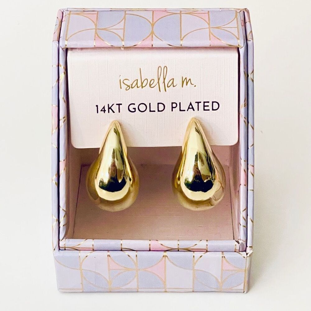 NWT Isabella Stunning Thick 14KT plated Gold Polished Stud Tear Drop earrings